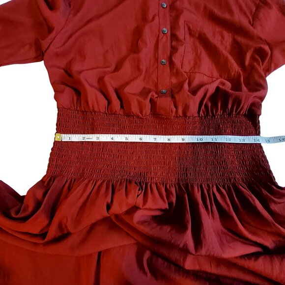 Future Collective Womens Red Long Sleeve Button-Up Smocked Waist Midi Dress M - Picture 4 of 10
